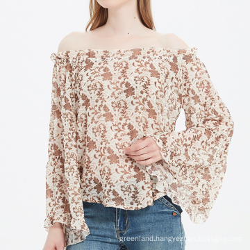 women fashion look off shoulder blouse with ruffle neck and bell sleeve loose elegant comfortable floral chiffon blouse